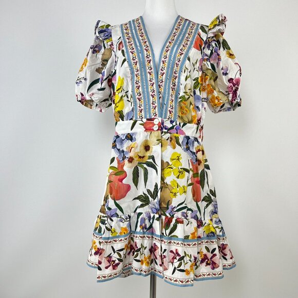 NWOT FARM Rio Floral Ruffles Greek Garden Off-White Mini Dress Size XL - Picture 2 of 14